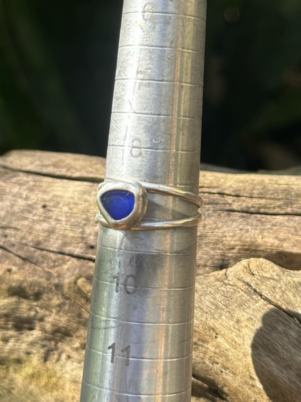 Cobalt blue sea glass sterling & fine silver double band - Picture 2 of 4